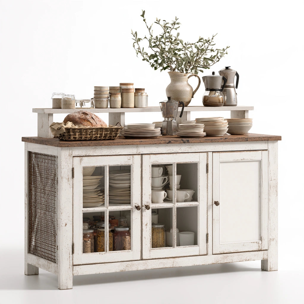 Modernes weißes Holzsideboard von yalverix mit massiver Holzplatte, geeignet für Esszimmer und Wohnbereich, rustikaler Stil.