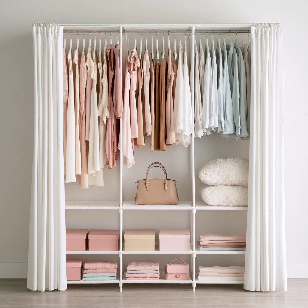 Weißer Stoffkleiderschrank von yalverix, tragbar und organisiert mit Kleidung, ideal für Haus und Garten Kleideraufbewahrung.